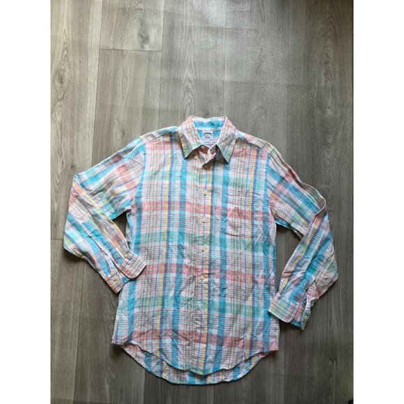 Brooks Brothers Small Pastel Plaid Irish Linen Button up Shirt Multicolor - Picture 4 of 8